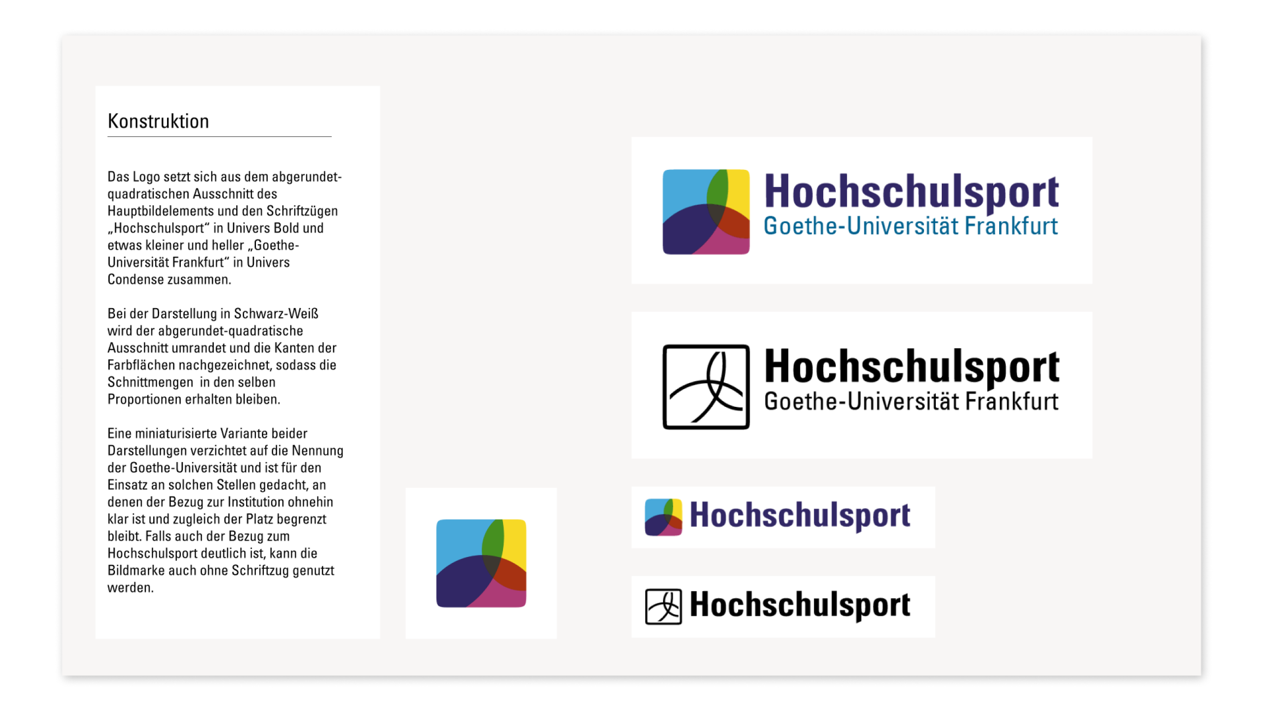 Logo des Hochschulsports der Goethe-Universität Frankfurt in verschiedenen ausführungen: bunt, schwarz weiß, mit und ohne Schriftzug.